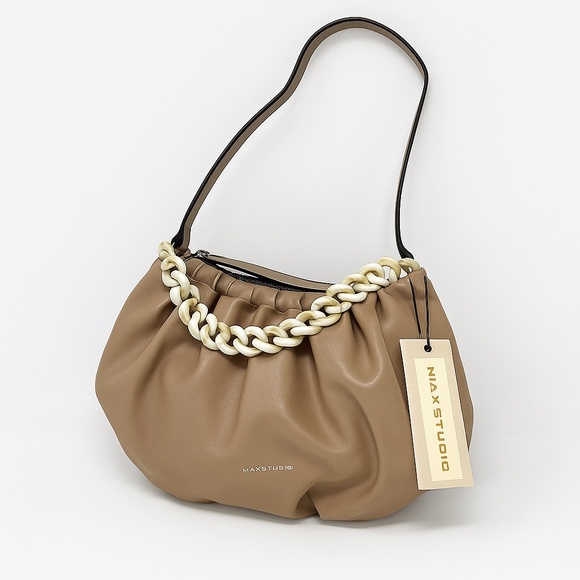 Max Studio Handbags - NWT Max Studio Ruched Shoulder Bag Beige Chain Strap Vegan Leather Purse Handbag